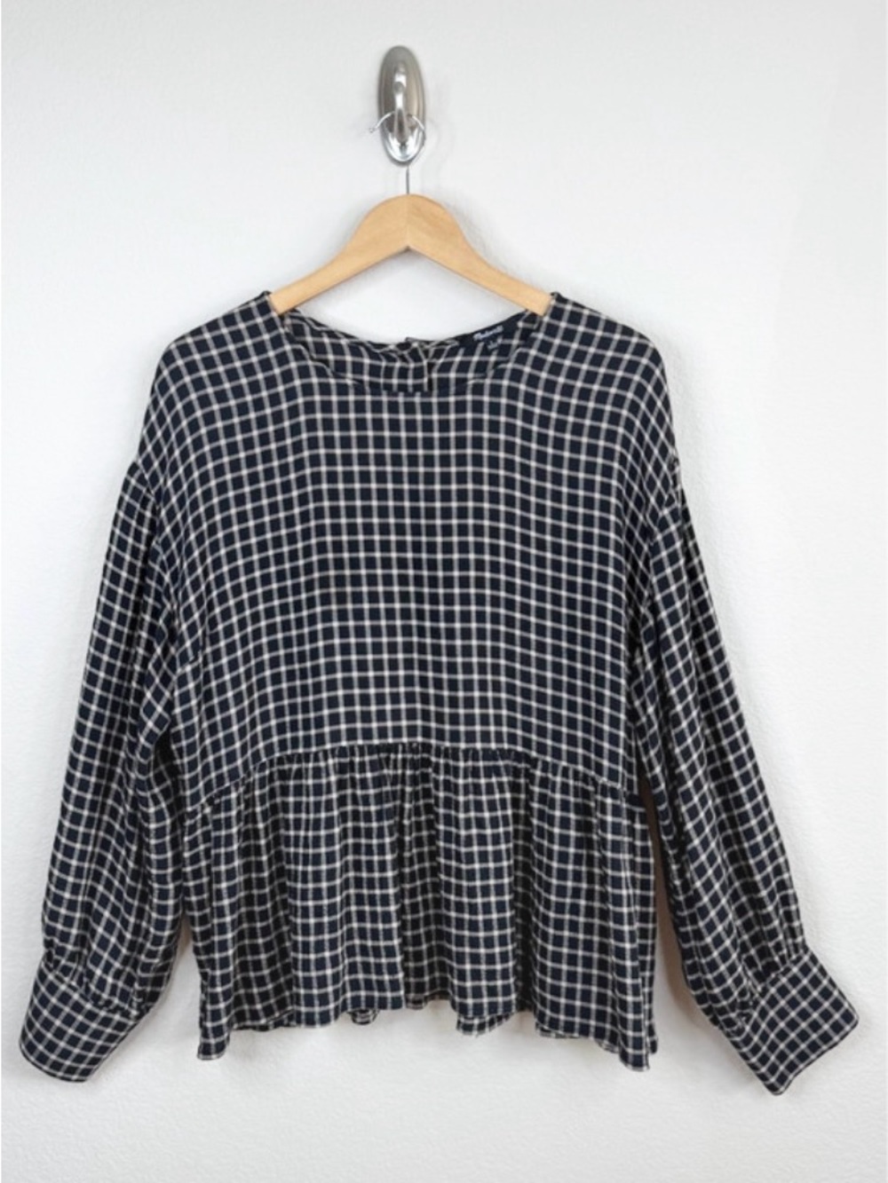 Madewell Black and White Check Peplum Blouse